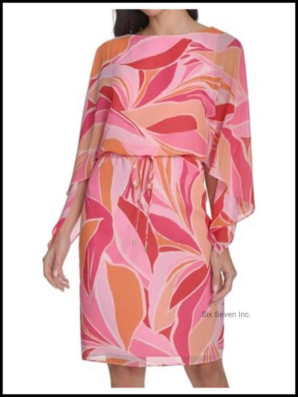 Flutter Sleeve Boat Neck Mini Dress with Leaf Pattern